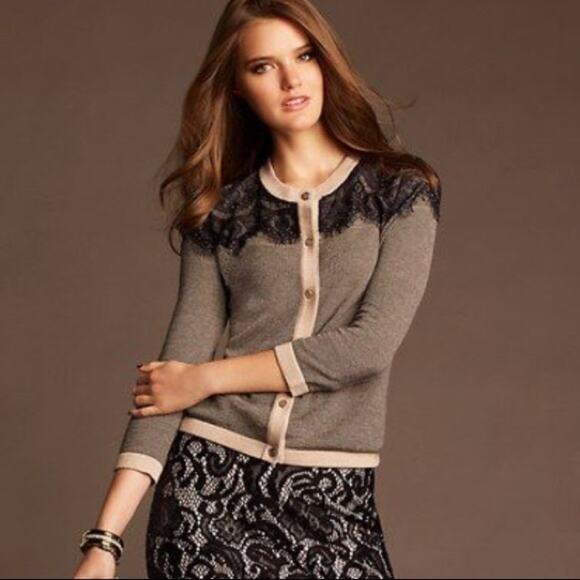 Ann Taylor Black Lace Stripe Whimsigoth Fairygoth Grandmacore Cardigan Sweater L - Picture 1 of 9